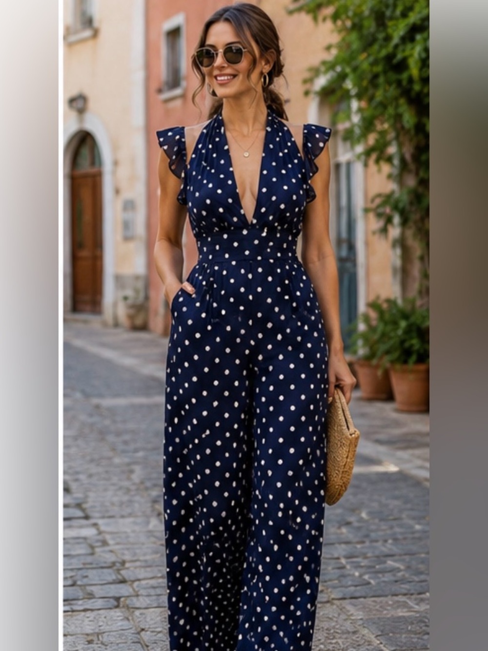 ABS Collection Navy Polka Dot Halter Wide Leg Jumpsuit Size 14